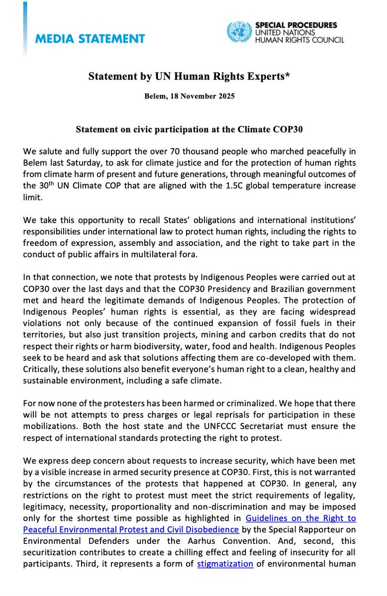 SRclimatechange's tweet image. ❗ Together with @SREnvironment  @GinaRomero @MaryLawlorhrds @AlbertBarume @ForstMichel we are issuing a statement to clarify applicable international #HumanRights standards on #CivicParticipation at #COP30. We remain available to discuss with all involved in Belem and beyond.