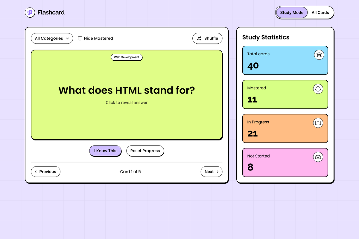 frontendmentor's tweet image. We&apos;d love some quick design feedback for anyone who has a moment to take a look!

Our next challenge is a flashcard app, and we&apos;re going with a more playful/colourful style.

Thoughts on the style? Prefer v1 (more color) or v2 (accent colors)?