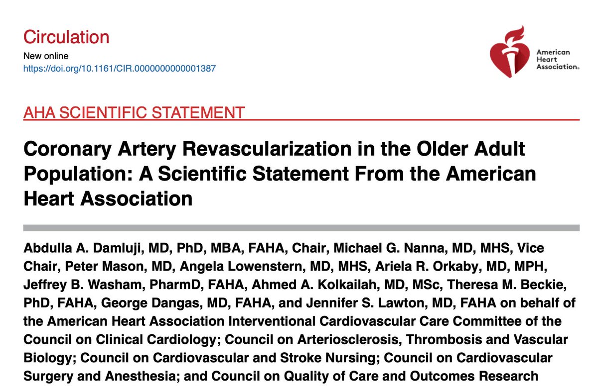 Coronary Artery Revascularization in the Older Adult Population: A Scientific Statement From the American Heart Association: <a href="/CircAHA/">Circulation</a>  

🥸 Great team with my friend <a href="/MichaelGNanna/">Michael Nanna</a> 

😱 Thanks to <a href="/AHAScience/">AHA Science</a> for supporting this work. 

🥸 20 point summary, but please read the