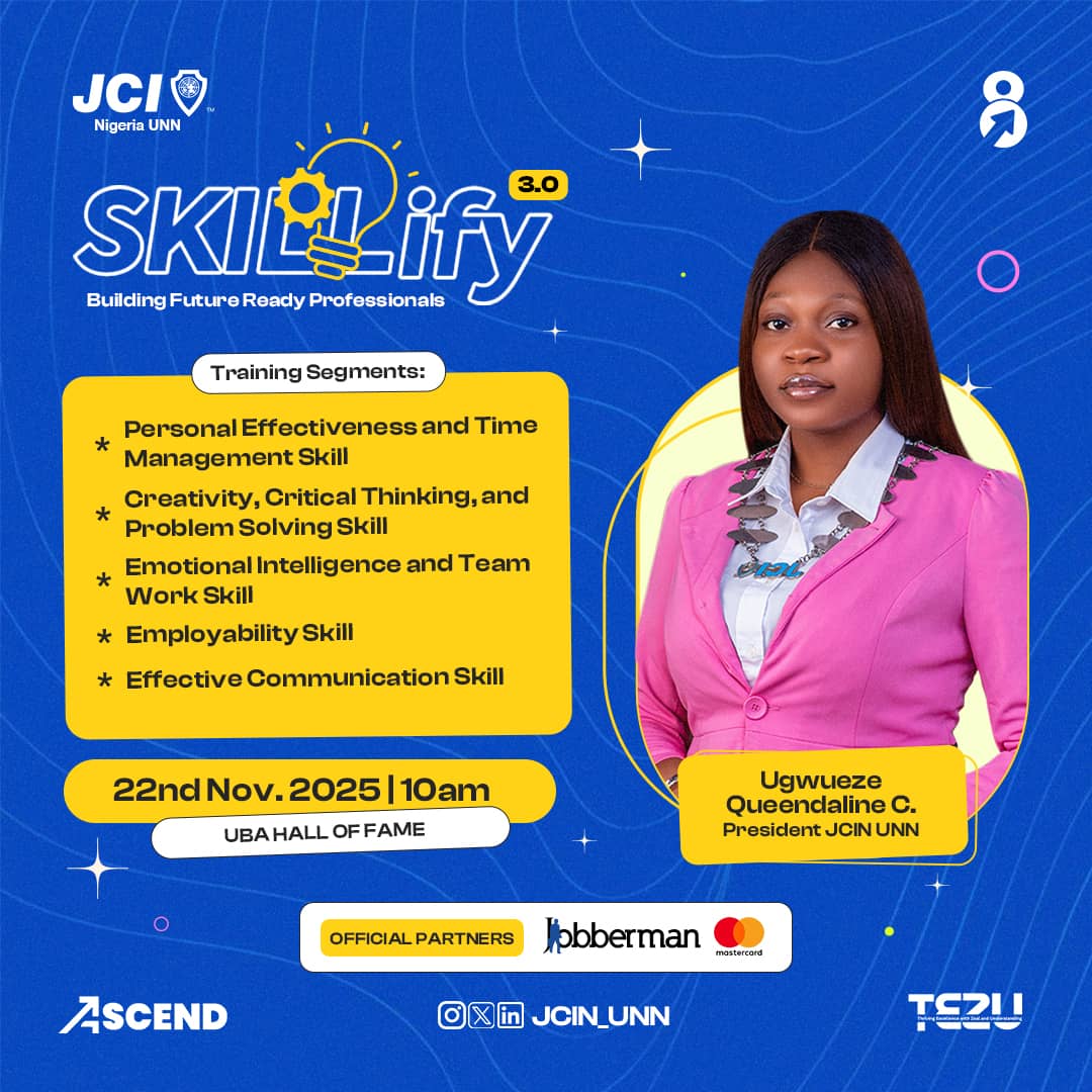 JCIN_UNN's tweet photo. 🔥SKILLIFY 3.0 is here!
Join us as we unlock a powerhouse of soft skills that every future-ready professional needs.
Come learn, connect, and SKILLIFY your journey!
#BuildingValues
#Jobberman
#Mastercard
#JCI
#JCIUNN
#ELV8
#ASCEND https://t.co/vDXJpGhi3O