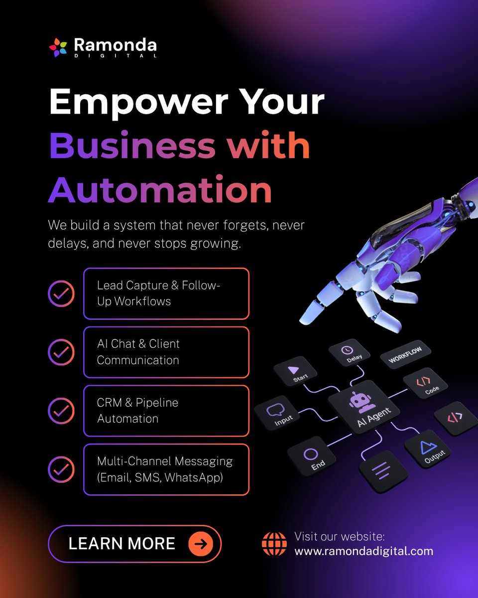 Stop wasting time. 🚫 We build systems that never forget, never delay, and never stop growing.

🤖 AI Chat, CRM, &amp; Multi-Channel Messaging.

Empower your business with true automation.

➡️ Learn more: ramondadigital.com

#Automation #SaaS #AI