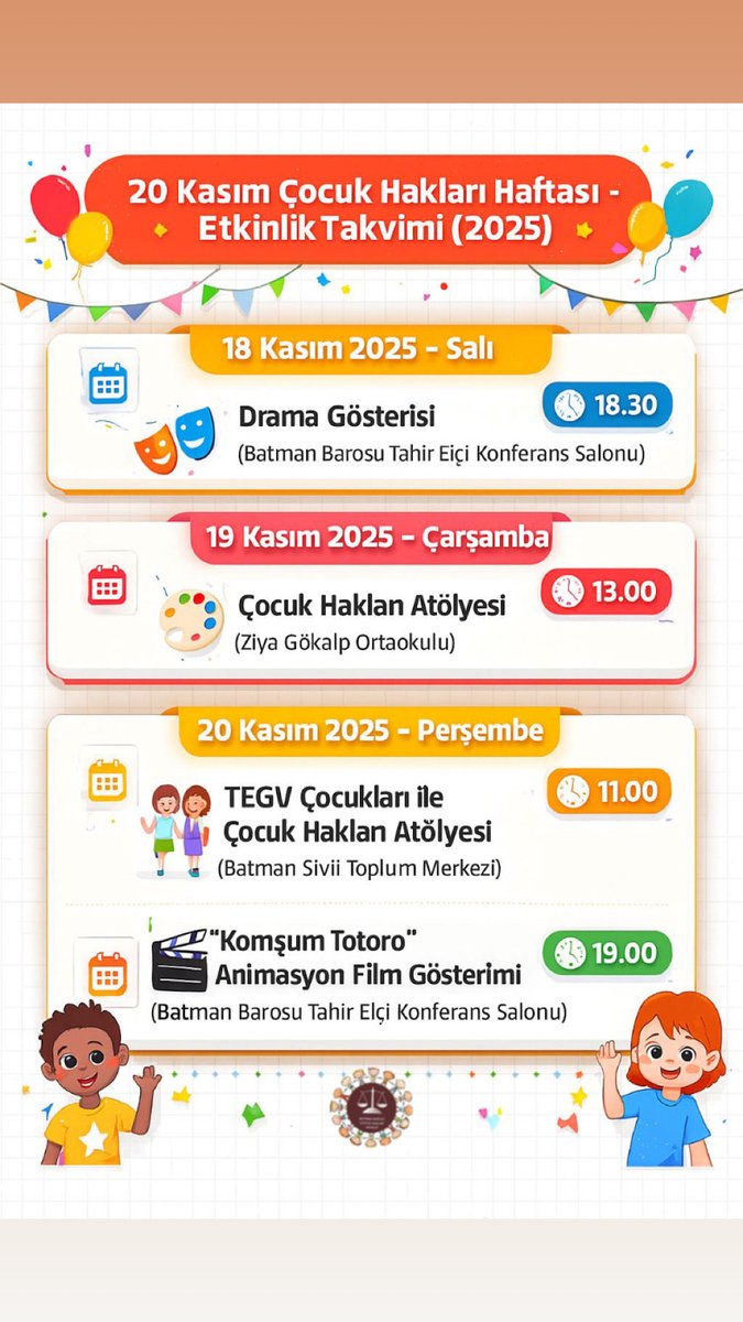 Batman Barosu Çocuk Hakları Merkezi olarak, 20 Kasım Dünya Çocuk Hakları Günü kapsamında düzenlediğimiz etkinlik takvimimizi kamuoyuna sunarız.