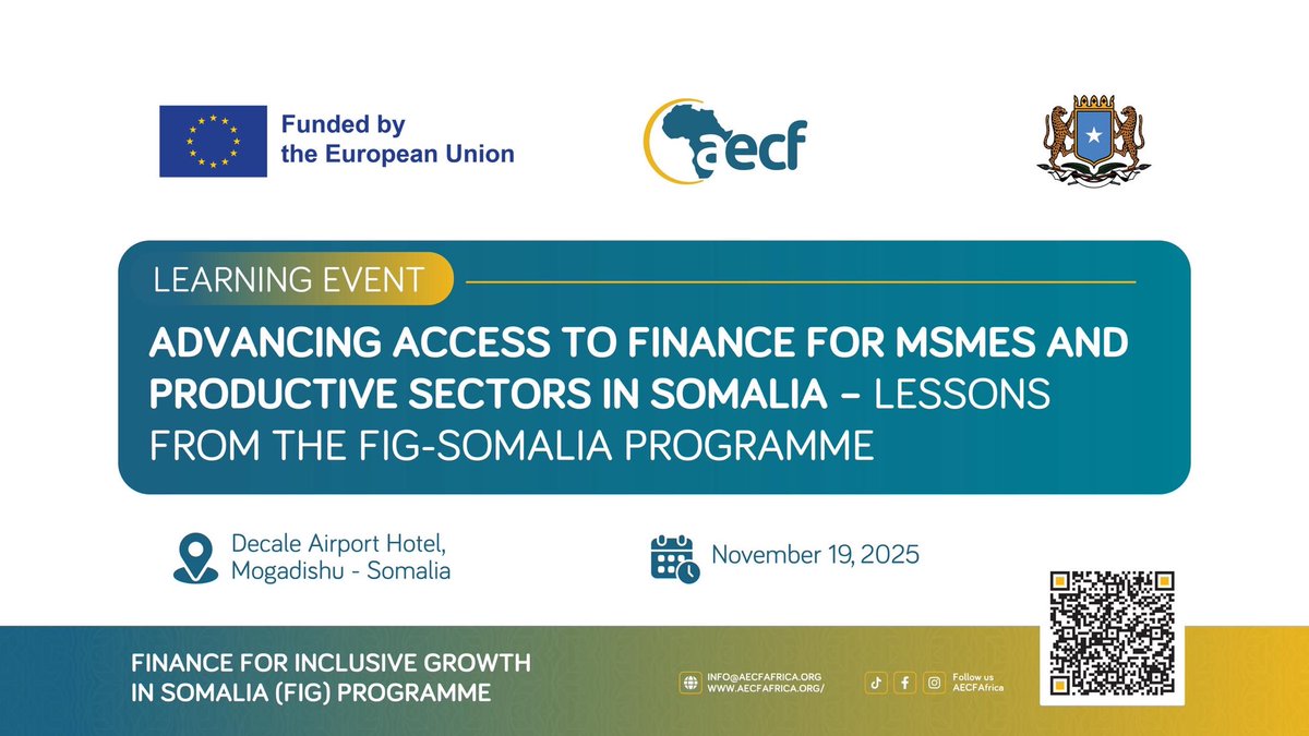Shucayb_Shekeye's tweet photo. Excited to share that the @EU_in_Somalia funded FIG–Somalia Programme, in partnership with AECF and @MOASomalia, will be hosting a high-level learning event tomorrow in #Mogadishu.
The event will spotlight major achievements in expanding access to finance for MSMEs, farmers, women, youth, and producer groups across Somalia, while sharing key lessons, inspiring success stories, and pathways toward inclusive and sustainable growth.
#FIGSomalia #AECF #EUinSomalia #MoAI
