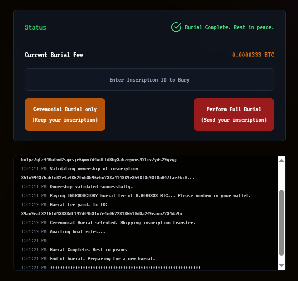 OrdAfterlife's tweet photo. Added a "Ceremonial" burial option - you don't need to send your dust #ordinals, but you can commemorate it in the epitaph of the Afterlife burial mint 🔥
#BTC https://t.co/ZJ6tAhq7ZA