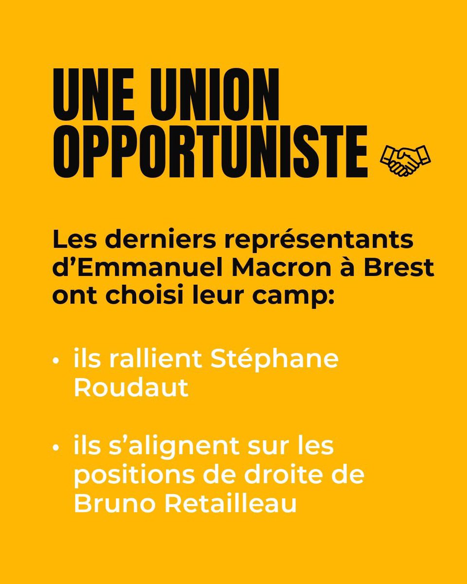 PSBrest's tweet image. 🛑 À Brest, les masques tombent.

Le ralliement officiel des derniers représentants d&apos;Emmanuel Macron à Stéphane Roudaut confirme une vérité simple : la droite macroniste et la droite traditionnelle avancent désormais main dans la main.

#brest #municipales2026 #PS #sécurité