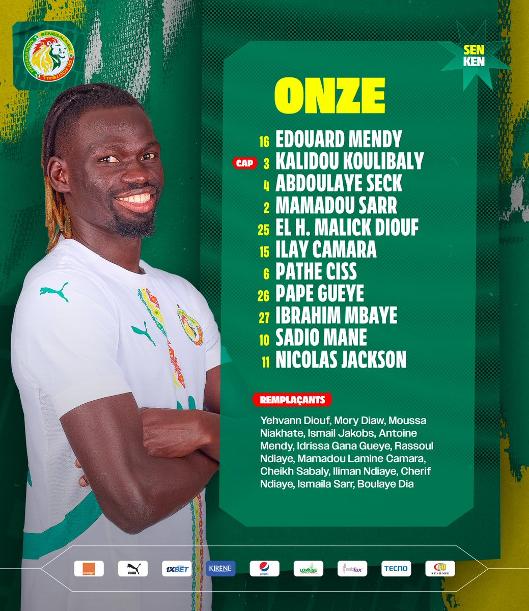 📋 Le onze de départ des lions du Sénégal contre le Kenya - match amical international ✨

⏰ Coup d’envoi : 15h00 GMT
📺 En direct sur la RTS