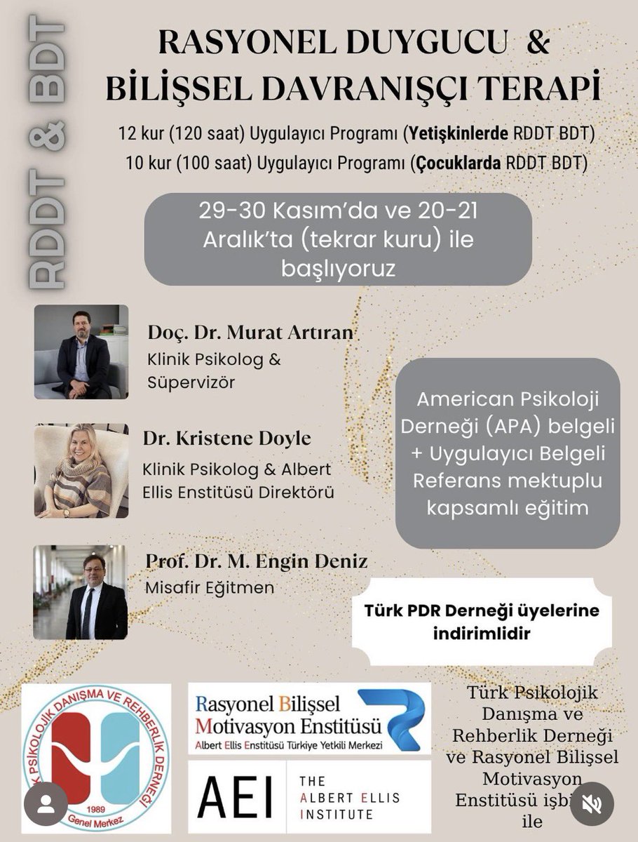 Rasyonel Duygucu &amp; Bilişsel Davranışçı Psikoterapi
Yetişkinlerde RDDT BDT Programı 12 Kur 
Çocuklarda RDDT BDT Programı 10 Kur
Belgeler: 
American Psikoloji Derneği (APA) 8 Kredili belgeli
RDDT BDT Uygulayıcı Belgeli
E devletten görünen belge #bdt #pdr #turkpdr