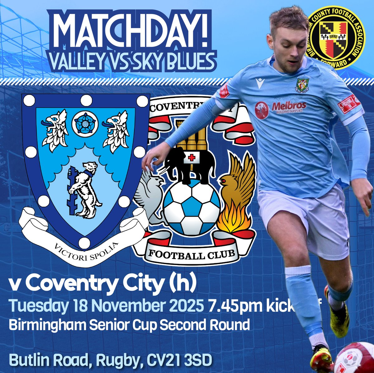 RugbyTown_FC's tweet photo. MATCHDAY! Rugby v @Coventry_City 
 
We host Coventry City tonight in the @BirminghamFA Senior Cup 2nd Round.

Updates here from 7.45pm.    

🏟️ Butlin Rd, CV21 3SD 
🕒 7.45pm
🎟️ Adults £10 | OAP £5 | U18 £5 | U12 £2 
📘 Printed Prog £3

#utv https://t.co/3vvdoZDift
