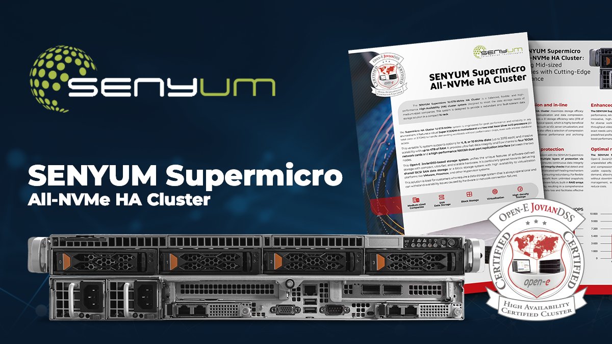 storagesoftware's tweet image. Zero Downtime. All-NVMe Speed. The new certified SENYUM Supermicro HA Cluster is here - powered by Open-E JovianDSS. The ultimate solution for virtualization. Get the details: open-e.com/r/rayo/
#datastorage #databases #virtualization