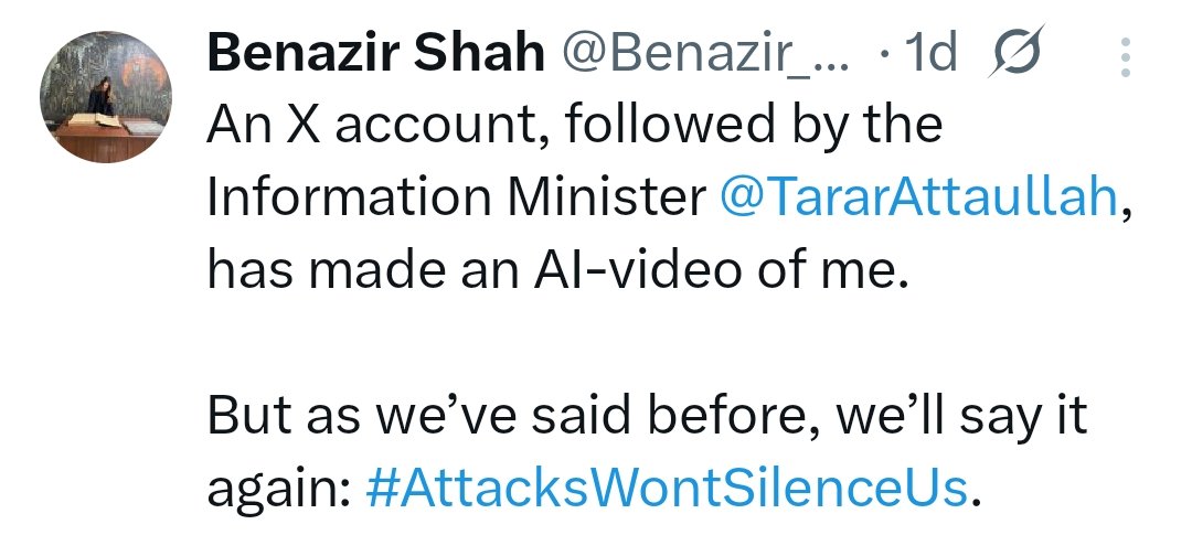 MJibranNasir's tweet photo. Journalist @Benazir_Shah has built her reputation through hard work, accuracy and integrity. She also happens to be a woman — and that’s exactly why, when people want to discredit her journalism, they don’t attack her reporting, they attack her “morality.”

This AI video was not just a malicious attempt at character assassination. It was a reminder of the kind of harassment journalists — especially women — face for doing their job. When a male journalist is to be discredited, they go after his politics or sources of income. When a female journalist is targeted, they go after her dignity, her “honour.” Misogyny becomes the easiest, most effective weapon to try and silence her.

And that is a direct threat to press freedom. You can’t claim to respect journalism while enabling campaigns that humiliate a woman for simply being visible in public life.

What makes this episode uglier is where it came from. The video circulated through an account followed by PML‑N ministers, and I’ve seen similarly vile attacks on the women in my own life from accounts followed by @MaryamNSharif. This reminds us that women occupy high political offices not because of genuine acceptance or celebration of their role in public life, but because of allegiance to dynastic politics and political necessity.

Claims of "women empowerment" fall apart the moment a woman's dignity collides with political convenience. 

Benazir Shah is being attacked not because her journalism is weak, but because it is strong — and because she is a woman. And that is precisely why we must call it out.