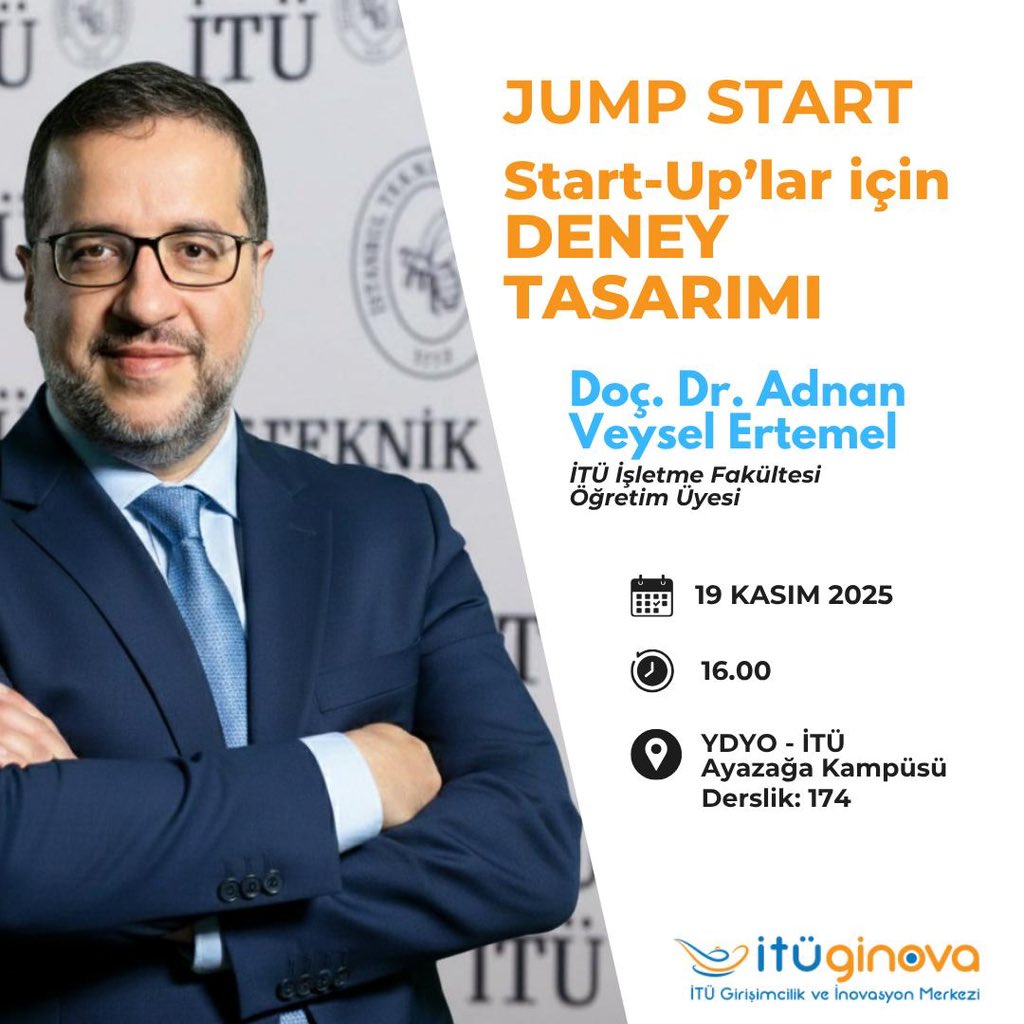 ITUginova's tweet image. Jump Start'ta Bu Hafta: Startup'lar için Deney Tasarımı!
Eğitmen: Doç.Dr. Adnan Veysel Ertemel
🗓️ 19 Kasım Çarşamba / 16:00
📍 İTÜ Ayazağa YDYO Derslik 174
Not:Eğitime laptop/tablet ile geliniz.
Tüm İTÜ ailesini bekliyoruz!
#JumpStart