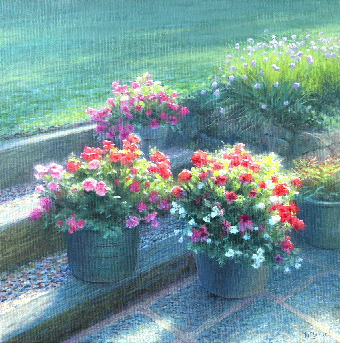 This is the last in a series of four paintings (all oil on 20" x 20" stretched canvas) done from a combination of plein air sketches and photos of the flowers behind my studio during the summer.
