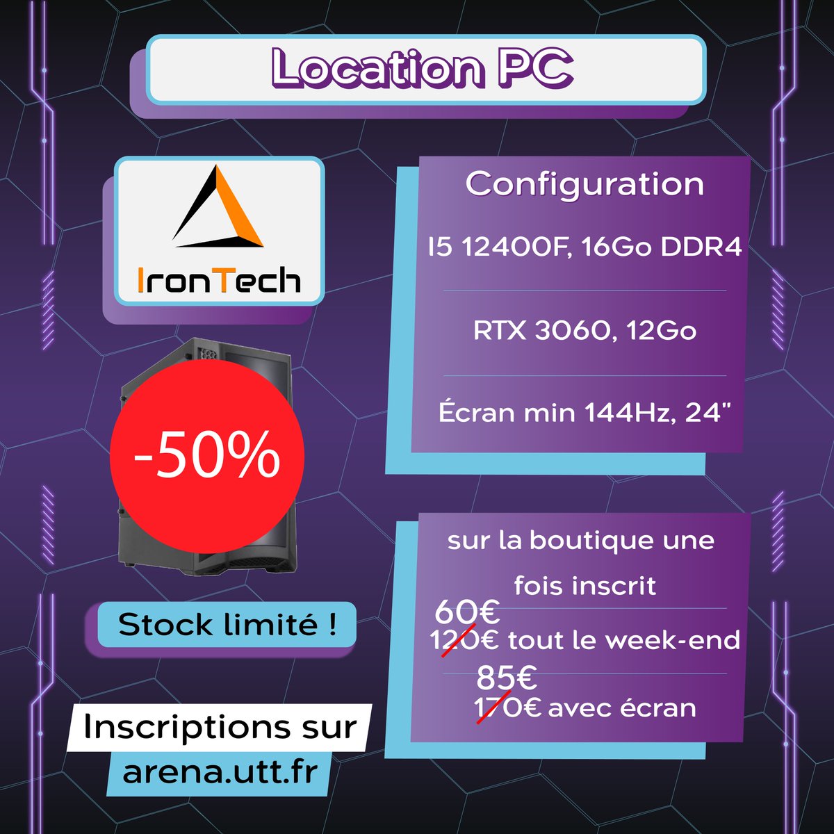 UTTArena's tweet image. ⚡️ Réductions sur les locations de PC !
J-10 avant l&apos;UA : profitez d&apos;une promotion sur les locations d&apos;ordinateurs de 50%💰 

Ordinateur 120€ ➡️ 60€
Ordinateur + écran 170€ ➡️ 85€

Les stocks sont limités alors dépêchez-vous de réserver sur arena.utt.fr