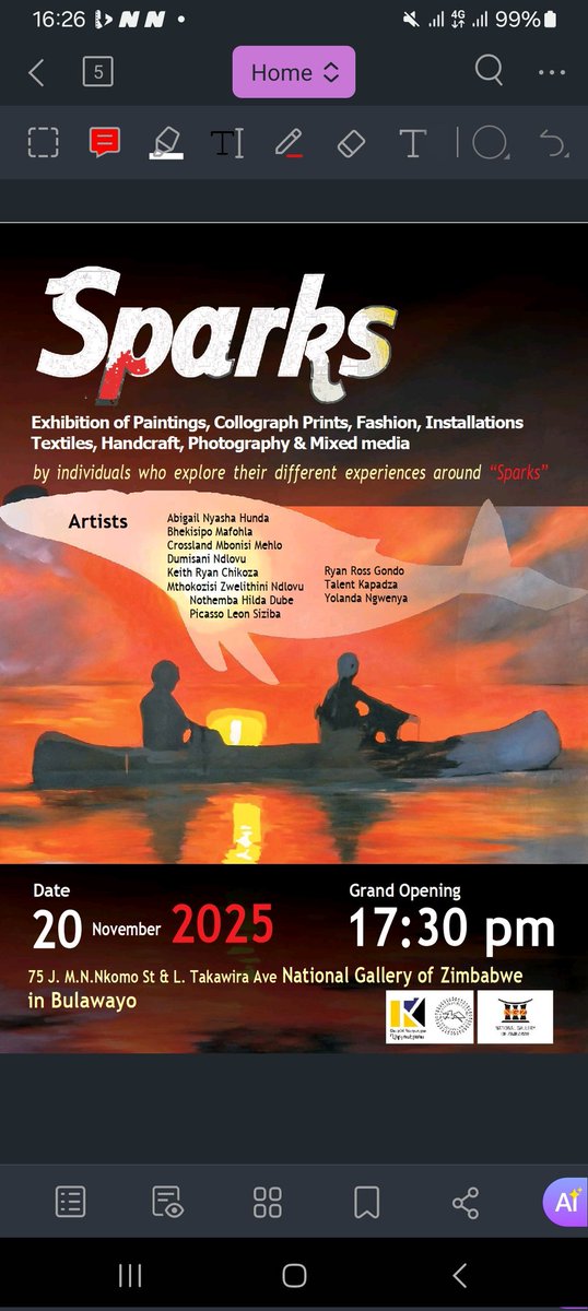 Upcoming Event
#Sparks, an exhibition featuring works by various artists. 
Where? <a href="/BYOgallery/">National Gallery in Bulawayo</a> 
When? 20 November 2025 <a href="/17/">Sonja Cruz</a>:30 PM.
#BYOgallery