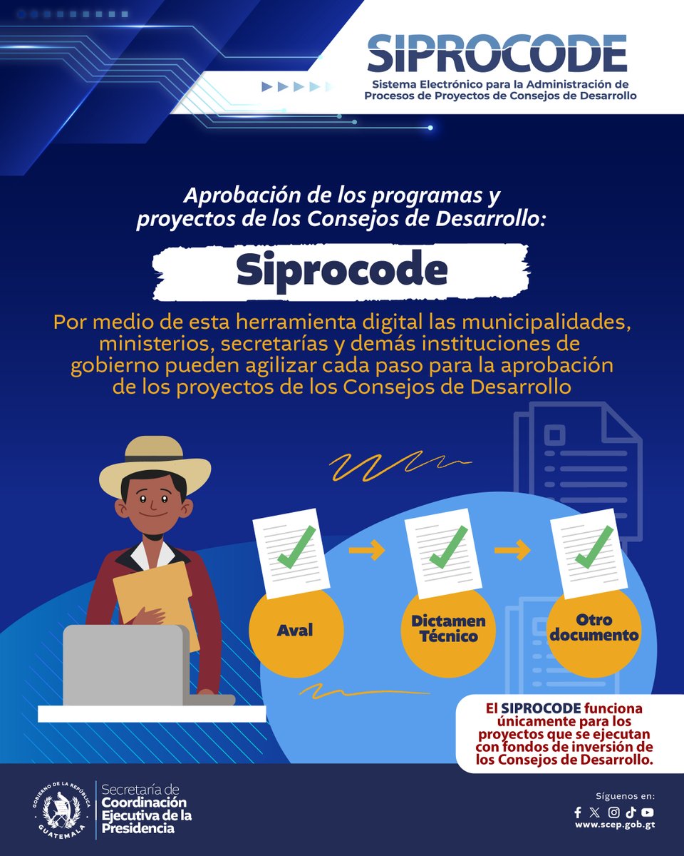 SCEPgt's tweet image. Por medio del #Siprocode las municipalidades, ministerios, secretarías y demás instituciones de gobierno pueden agilizar cada paso para la aprobación de los proyectos de los Consejos de Desarrollo.

#TransfiriendoPoderalaGente