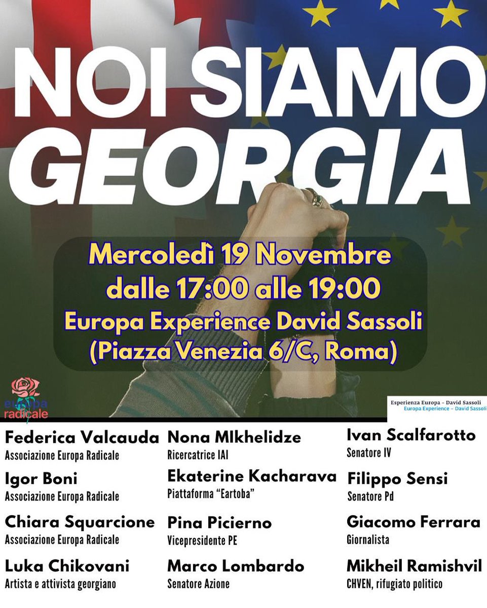 🇬🇪 Domani: Noi siamo Georgia
📍 Europa Experience – David Sassoli, Roma
🗓️ Mercoledì 19 novembre, ore 17:00

La Georgia è oggi una delle frontiere della democrazia europea.
Parleremo del suo futuro, della resistenza civile e politica e del ruolo dell’Europa.

Europa Radicale