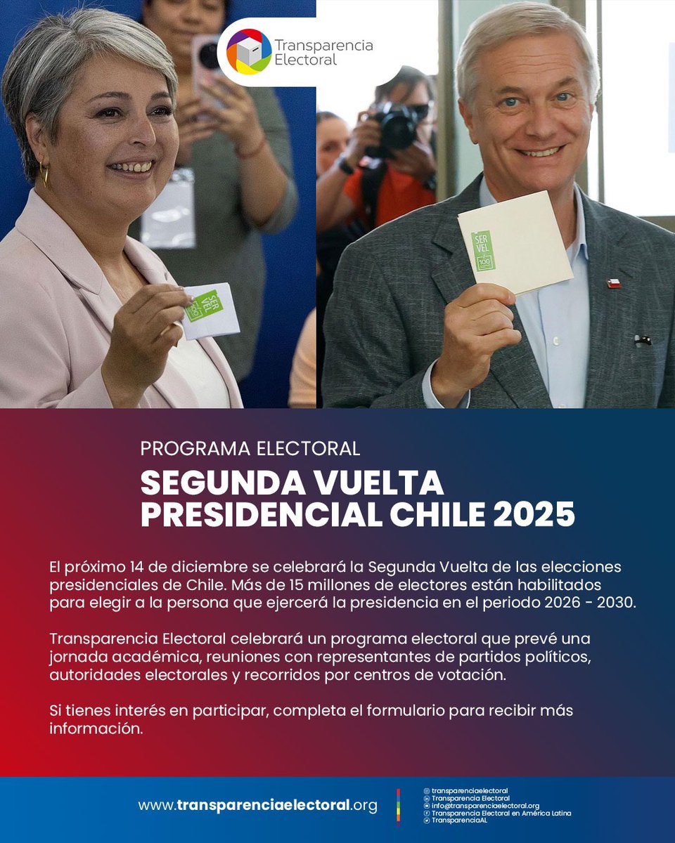 🇨🇱🗳️ El próximo 14 de diciembre se celebrará la Segunda Vuelta de las elecciones presidenciales de #Chile.

Transparencia Electoral celebrará un programa electoral que prevé una jornada académica, reuniones con representantes de partidos políticos, autoridades electorales y