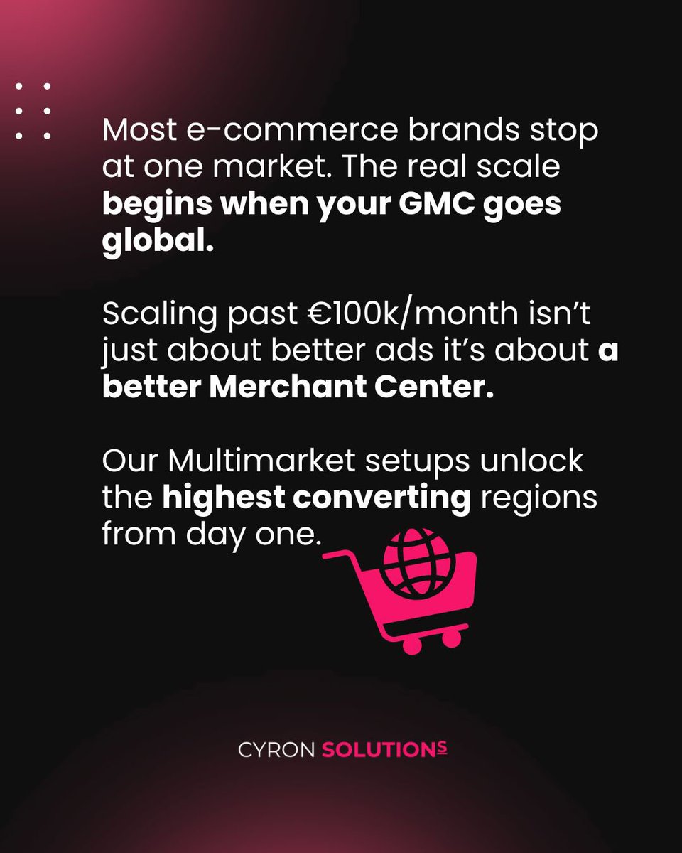CyronSolutions's tweet photo. Most brands stop at one market.
The real scale begins when your GMC goes global. 🌍

Multimarket setups unlock:
✅ High-ROI regions
✅ Platform trust
✅ Infrastructure you can sell

At Cyron, we engineer your approvals to scale.

→ Ready to go global? Visit cyronsolutions https://t.co/EV0VzP7pPk