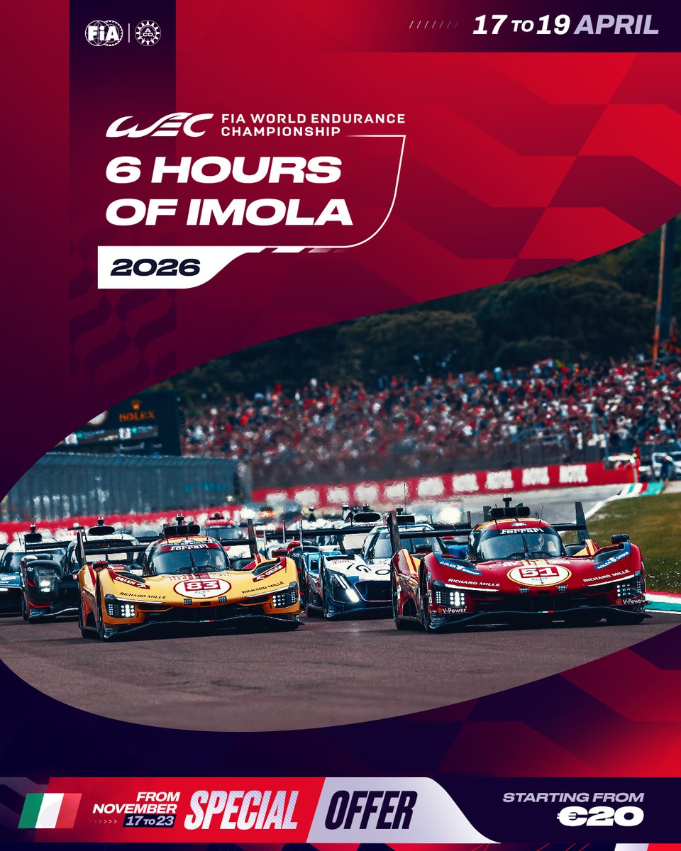 FIAWEC's tweet image. Imola 🤌

It’s the historic track which begins our European trio.
The track which never fails to give us intense races with the most passionate crowds.

Why not join us next year for 6 hours around @autodromoimola? 🇮🇹

Secure your seat today for less (up to 25% off):…