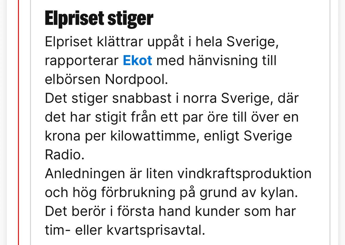 RichardHerrey's tweet image. Elpriset stiger!
Det blåser för lite och det är vinterkyla. Inget ovanligt i vårt land med andra ord. 
▪️Vem stängde ner nödvändig kärnkraft egentligen? 
▪️Vem vill fortsätta stänga ner kärnkraft?
▪️Vem tror på att vindkraft kan ersätta?