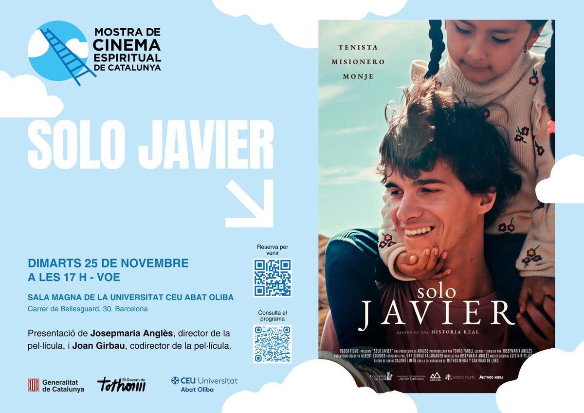 cinemaspiritcat's tweet photo. 📣 Veniu a la projecció de 'Solo Javier'!

🎥 Després de la pel·lícula es farà un col·loqui amb el director, Josepmaria Anglès, i el codirector, Joan Girbau.

🗓️ Dimarts 25 de novembre | 17:00 h
📍 Aula Magna de la @UAOCEU

👉 Formulari d'inscripció: https://t.co/4p7HCvKLFv https://t.co/PkOjUkZnn6