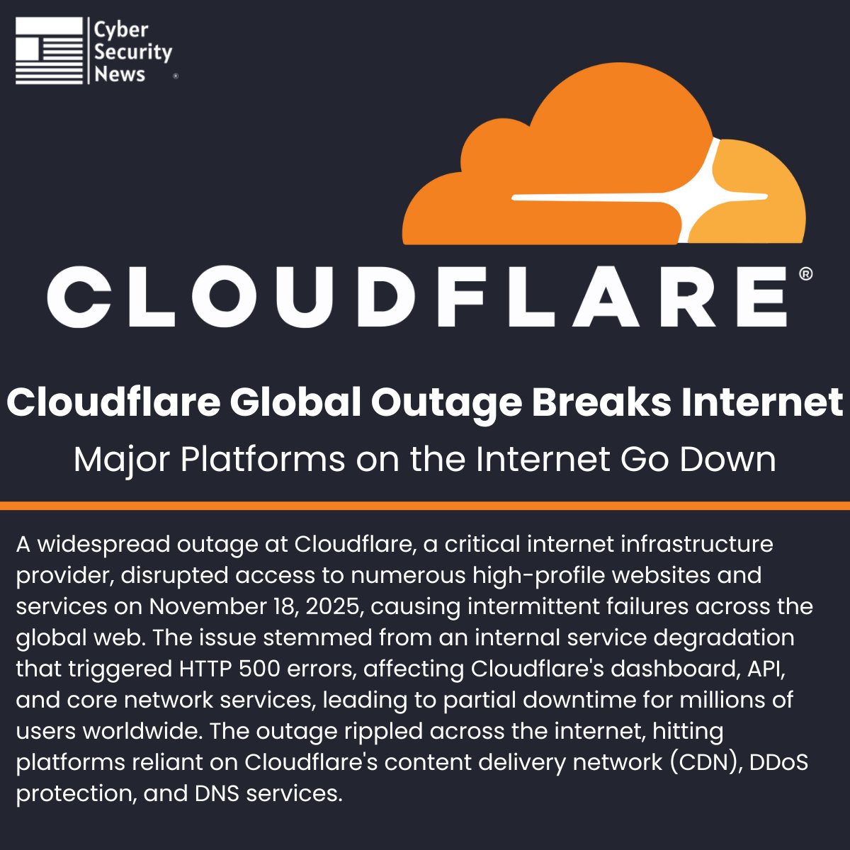 The_Cyber_News's tweet image. 🔻 Cloudflare Global Outage Breaks Internet - Major Platforms on the Internet Go Down | Source: cybersecuritynews.com/cloudflare-glo…

A widespread outage at Cloudflare, a critical internet infrastructure provider, disrupted access to numerous high-profile websites and services on November 18,…