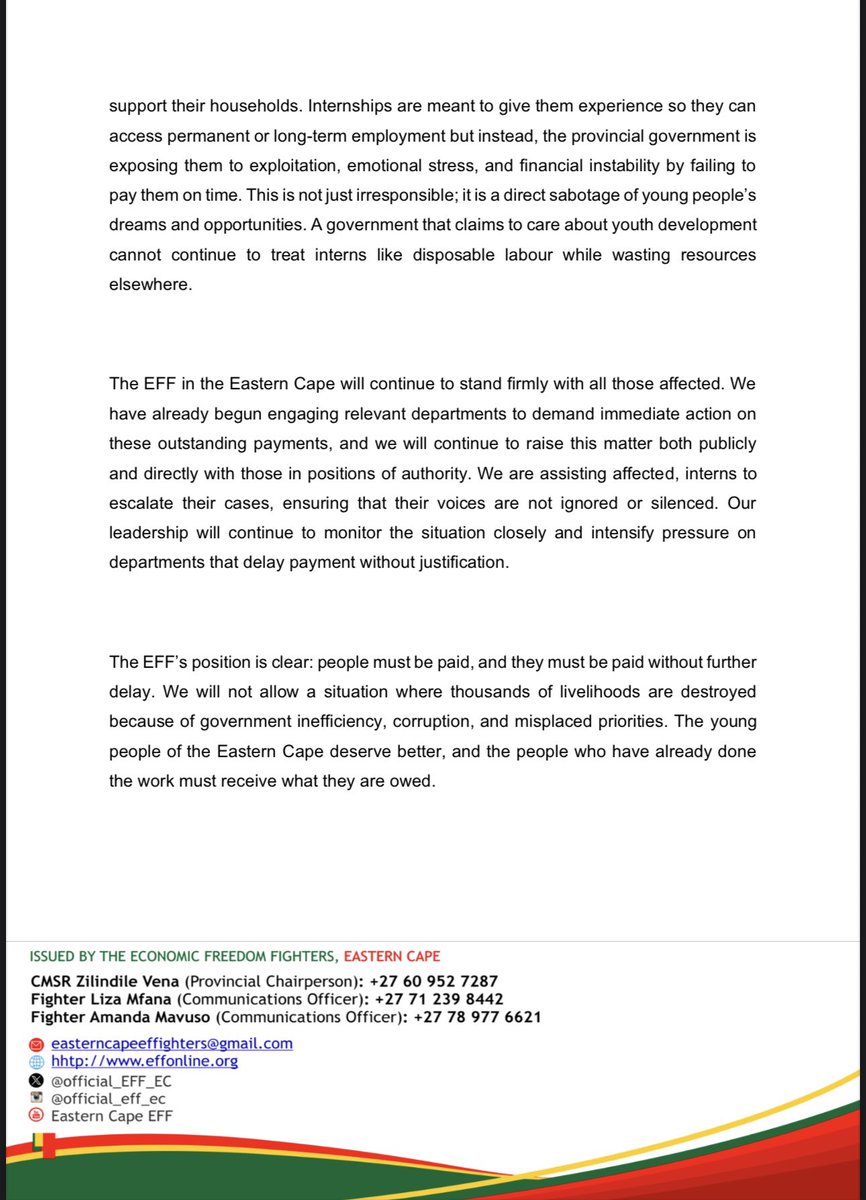 [READ]🚨

EFF EASTERN CAPE STATEMENT ON THE NON-PAYMENT OF INTERNS IN THE PROVINCE.

- It is also important to emphasise that a significant number of those affected are interns, many of whom come from extremely vulnerable families and difficult backgrounds. These young people