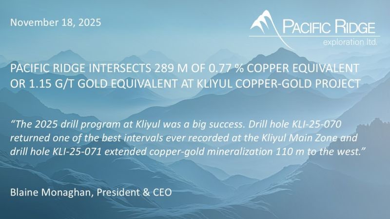 Infill and resource expansion drilling at $PEX.V Kliyul copper-gold project yields some great results: Drill hole 70 returned 289.0 m of 0.77% copper equivalent or 1.15 g/t gold equivalent and hole 71 extended mineralization 110.0 m to the west.
pacificridgeexploration.com/news-releases/…