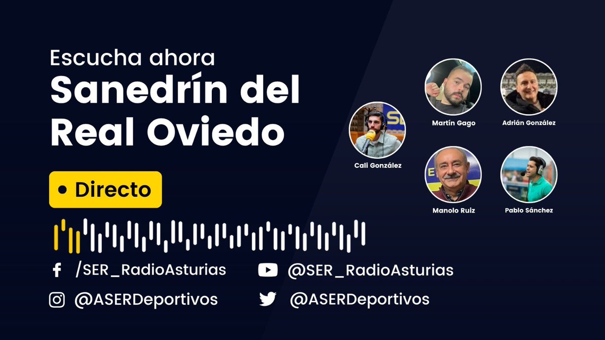 #SERDeportivosAsturias | En directo:

🗣️ <a href="/CaliGlezL/">Cali González</a>
🗣️ <a href="/pablosalvarez94/">Pablo Sánchez</a> 
🗣️ <a href="/manoloruizfer/">manoloruizfernandez</a>
🗣️ <a href="/MGago11/">Martín Gago</a>
🗣️ <a href="/eladro10/">Adrián González</a>

🖥️ Radioasturias.com
📲  App de <a href="/La_SER/">Cadena SER</a>
📻 100.9 FM
📺 youtube.com/live/ehgJTkwg9…