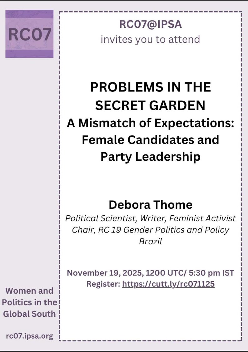 Debora_Thome_'s tweet image. Join us for “Problems in the Secret Garden: A Mismatch of Expectations – Female Candidates and Party Leadership”, in this event hosted by @ipsarc07 .
Nov 19, 2025 — 12h UTC / 9h BRT
Register: cutt.ly/rc071125
