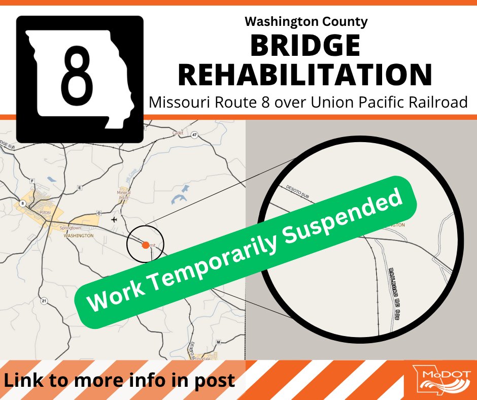🚧⚠️ ALERT work is temporarily suspended the rehab project on Rte 8 bridge over the UP RR following a work site incident last Mon, Nov. 10, where a contract worker was injured. The duration of the work stoppage is unknown at this time. 
More information: modot.org/node/80126
