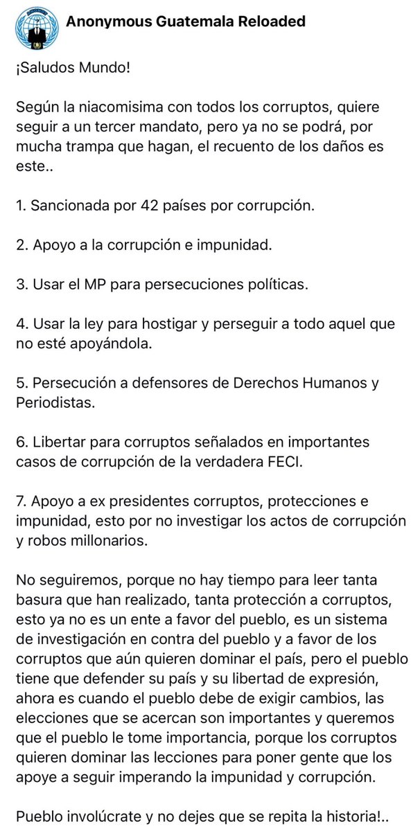 LosAnonymousGT's tweet image. Saludos Mundo!

Según la niacomisima del @MPguatemala con todos los corruptos, quiere seguir a un tercer mandato, pero ya no se podrá, por mucha trampa que hagan, el recuento de los daños es este..