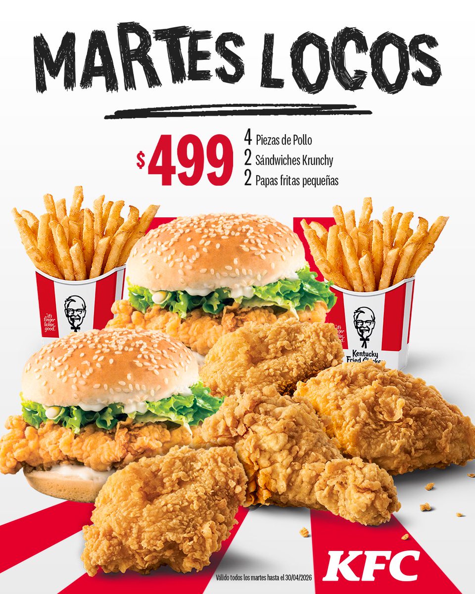KFCRepDom's tweet photo. Hazte el loco y aprovecha el #MartesLocosdesde RD$499. 🤪
- Promoción válida hasta el 30 de abril de 2026.
#KFCRepDom #MartesLocos #Pollo #trend https://t.co/l2ZRQdl3Ym
