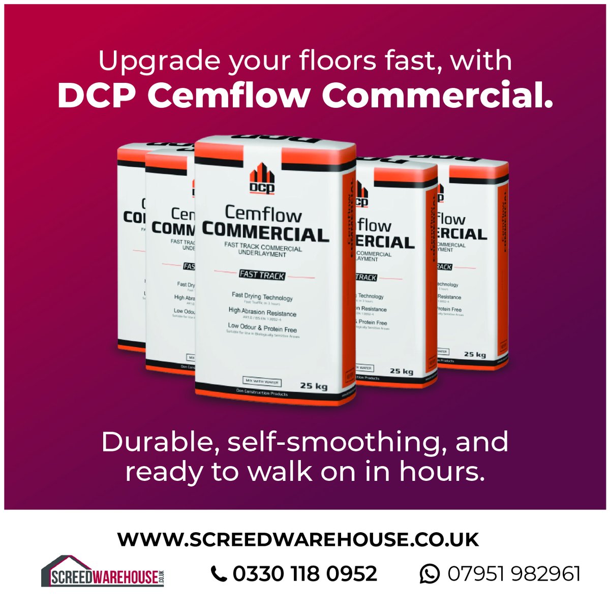 Level up your floors with DCP Cemflow Commercial!
Self-smoothing screed
Rapid drying
Perfect for heavy-duty spaces

Call 0330 118 0952 or order online:
screedwarehouse.co.uk

#FlooringSolutions #ScreedExperts #CommercialFlooring #ConstructionMaterials
