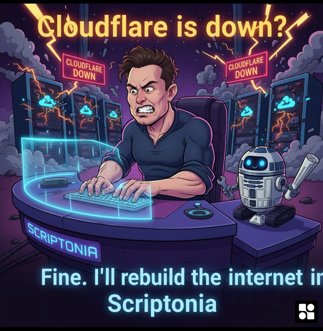 Scriptonia_xyz's tweet image. Cloudflare went down for a few minutes and the entire internet panicked.

Meanwhile @elonmusk just pulled up to Scriptonia like:

“Fine. I’ll rebuild the whole thing myself.” ⚡️🤖

#Scriptonia #Script #AIBuilder #WhenCloudflareIsDown