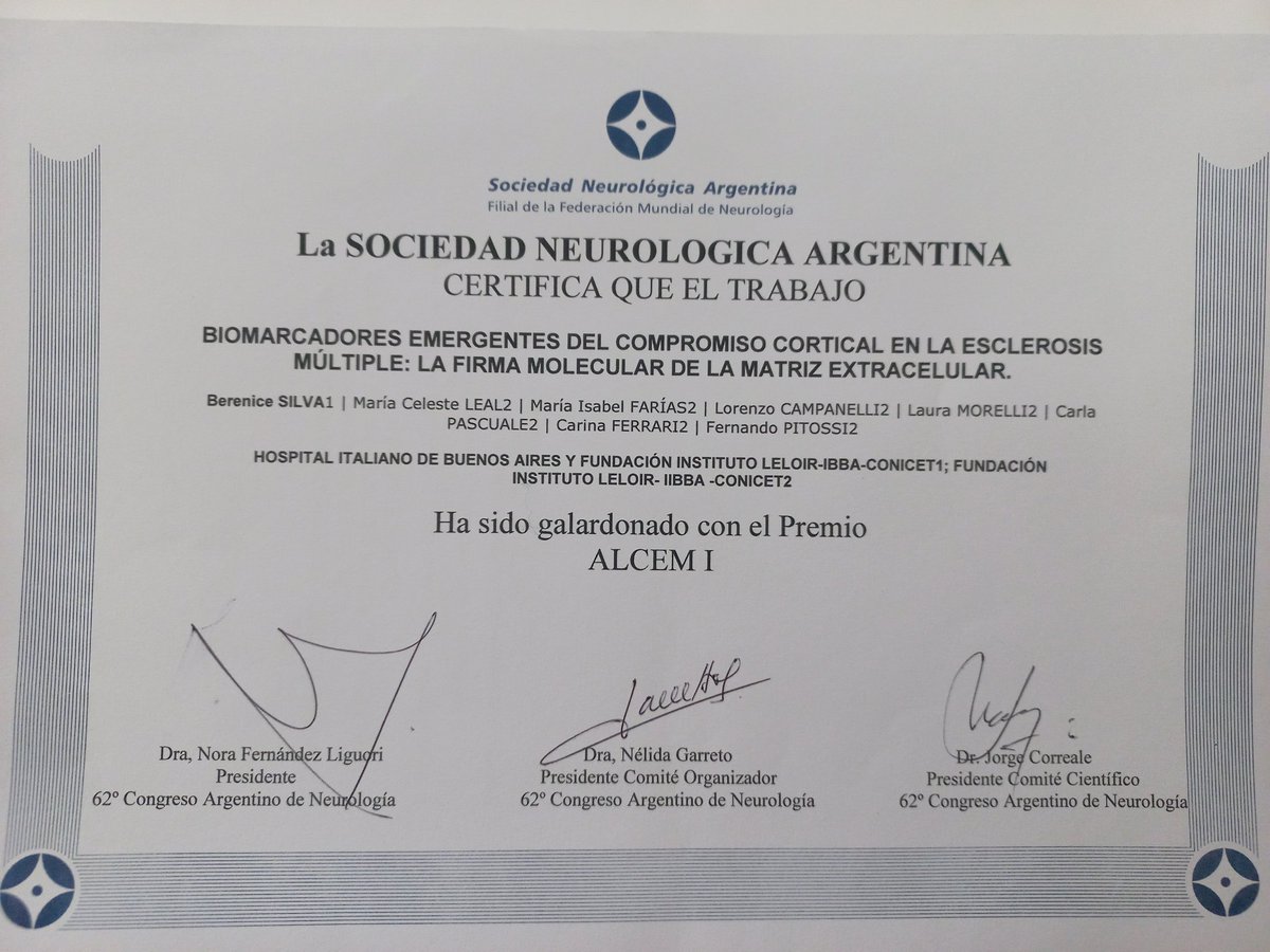 bereniceanabel's tweet image. Honoured to receive my 8th consecutive award at the Argentine Neurology Congress for my work in Multiple Sclerosis. Grateful to the jury for the recognition.#research #MultipleSclerosis #animalmodel