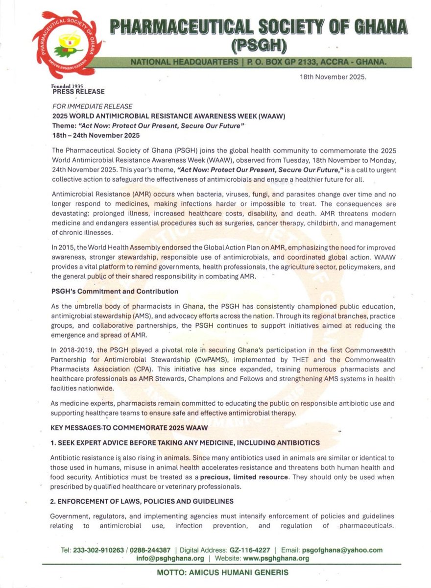 univers1057fm's tweet photo. The Pharmaceutical Society of Ghana(PSGH) commemorates with the Global Health community for the 2025 World Antimicrobial Resistance Awareness Week (WAAW) as a call for collective action to safeguard the future.

#AntimicrobialResistance
#UniversNews 
#RadioUnivers https://t.co/zeM5mmRyqr