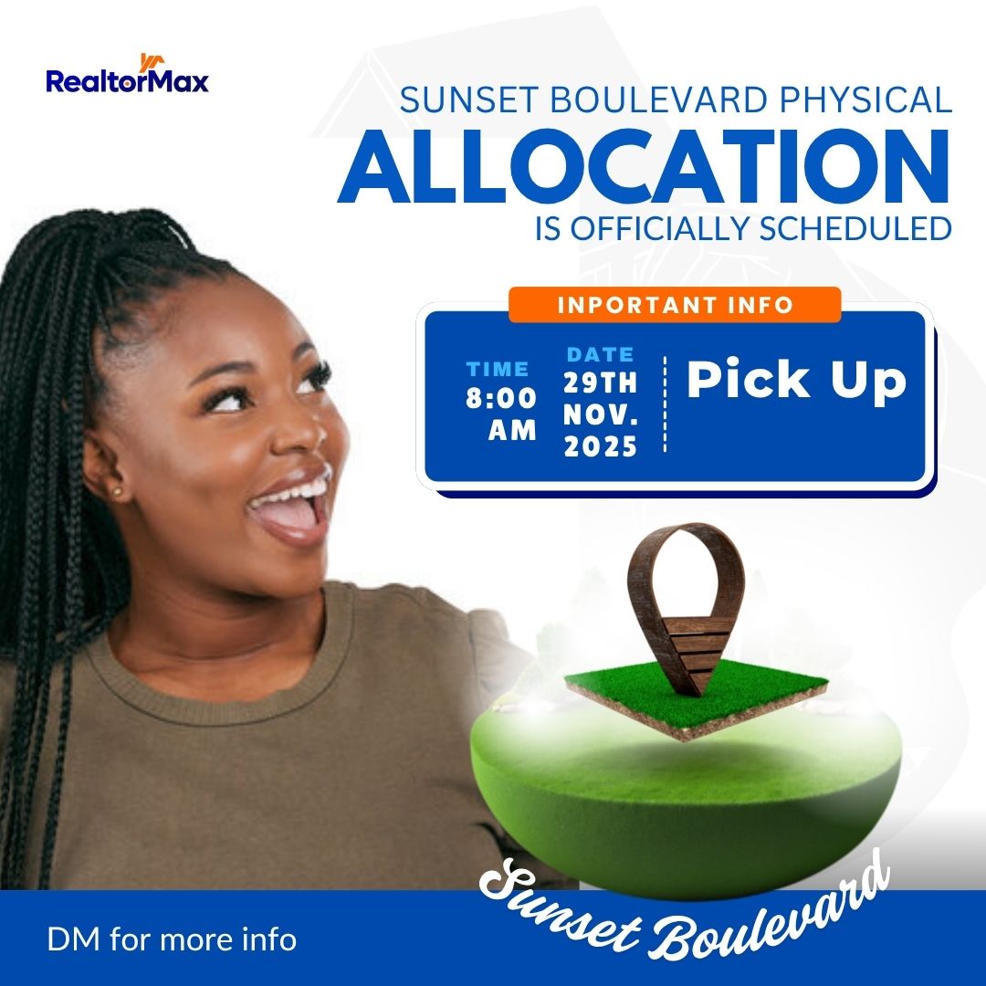 RealtormaxI's tweet photo. The moment you’ve been waiting for is finally happening! 
Sunset Boulevard (Obafemi Owode) Allocation Day is officially scheduled for:

📅 29th November 2025
⏰ 8:00AM Prompt
📍 Pick-Up Point: Realtormax Head Office — 37 Maryland Crescent, Maryland, Lagos https://t.co/ubtIEZuwTI