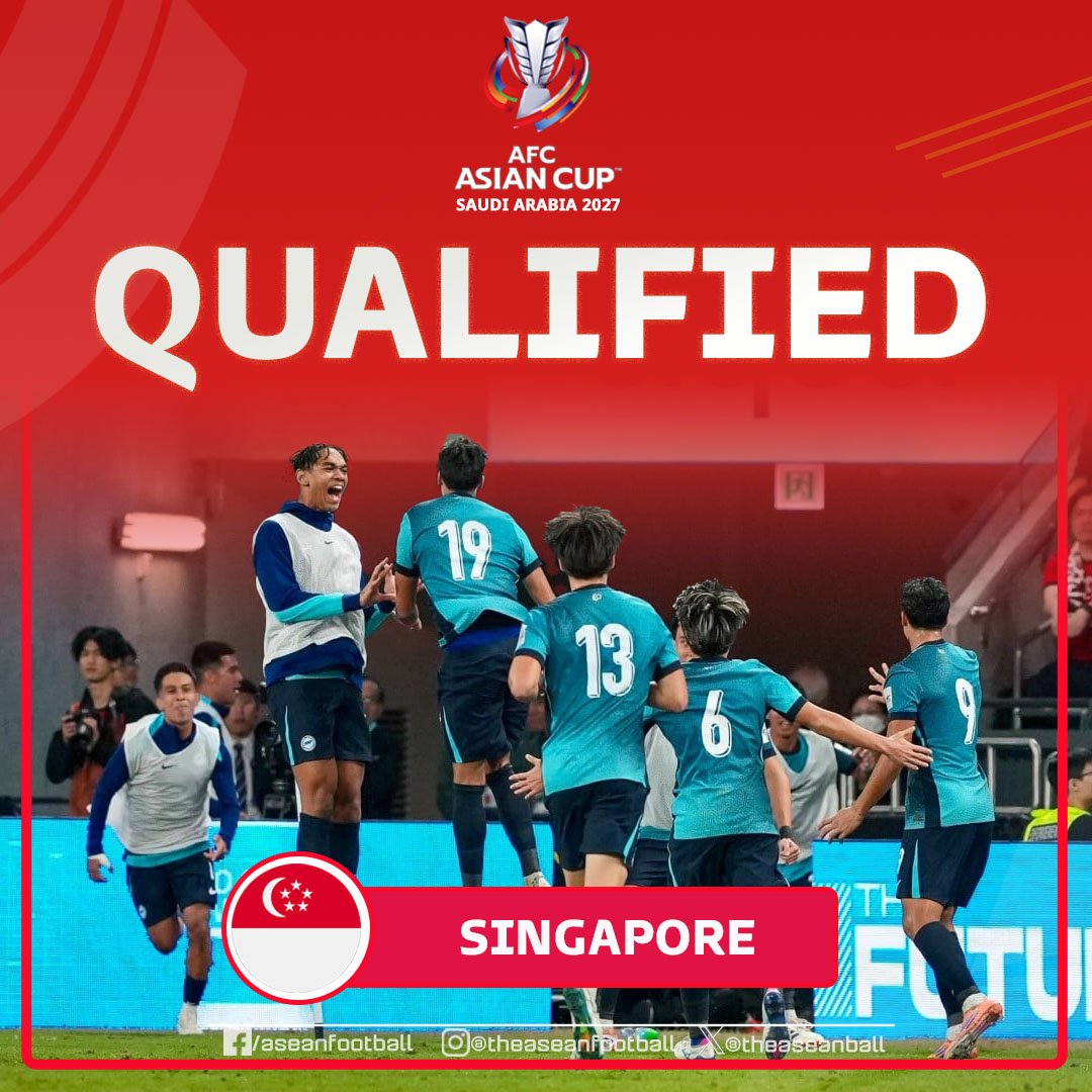 ✅ QUALIFIED

🇸🇬 Congratulations to Singapore for qualifying for the AFC Asian Cup 2027 with one round to spare thanks to a better goal difference than the second-placed Hong Kong

🌟This is the first time Singapore has qualified for the AFC Asian Cup in 43 years since 1984 !
