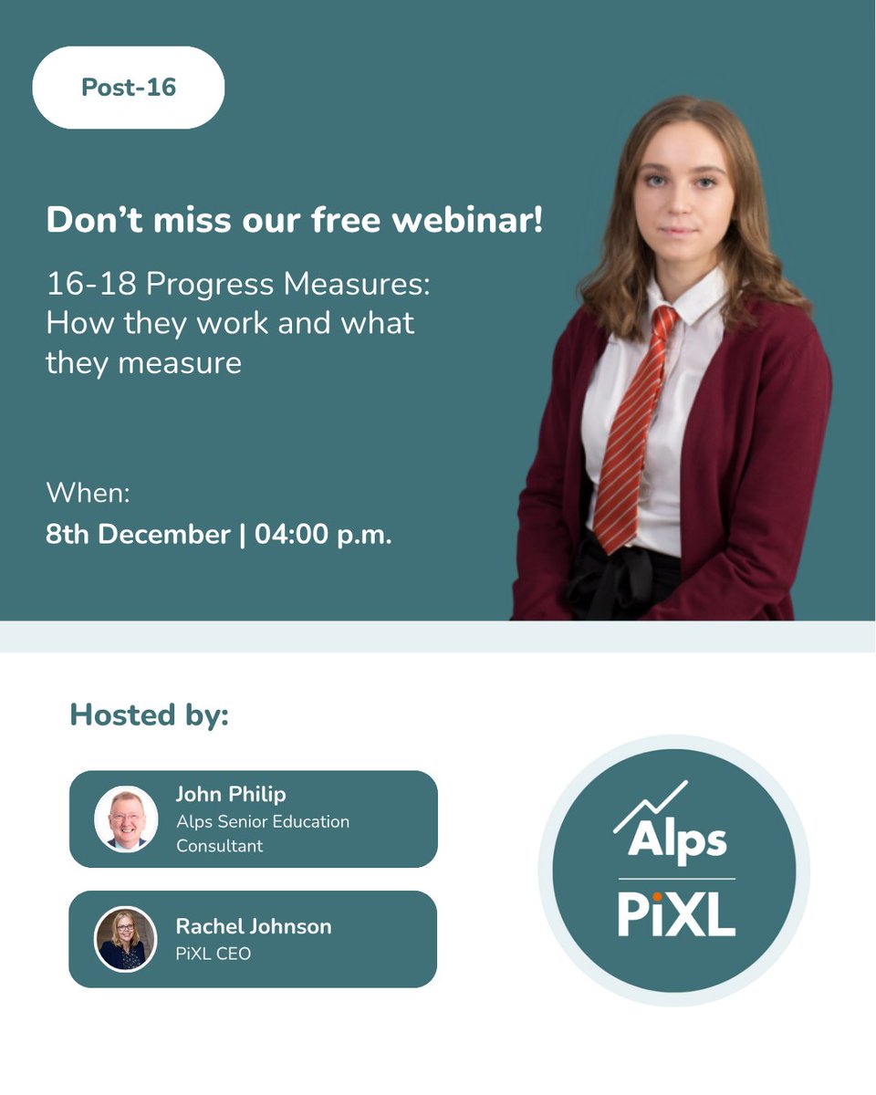 alpsva's tweet photo. Free Webinar: 16-18 Progress Measures: How they work and what they measure

Join @alps_johnphilip and Rachel Johnson, @ThePiXLNetwork CEO on the 8th December to learn more about progress measures and what they mean for your school.

👉 Register here: https://t.co/tiMVL3WCsB https://t.co/puPX2ZtiEF