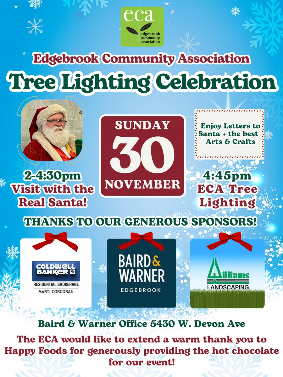 EdgebrookAssoc's tweet image. Mark your calendar for our annual Tree Lighting Celebration—a day packed with holiday magic, creativity, and the chance to meet the Real Santa!
Sunday, Nov 30th-Baird &amp;amp; Warner Office, 5430 W. Devon Ave 2:00 PM – 4:30 PM: Visit with the Real Santa! Plus, enjoy Letters to Santa