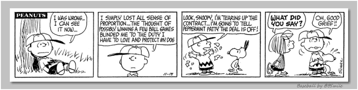 BSmile's tweet image. "Look, Snoopy, I'm tearing up the contract...I'm going to tell Peppermint Patty the deal is off!" ~ Charlie Brown (Classic Peanuts - November 18, 1967) #HotStove #Offseason #MLB #Baseball #TuesdayMotivaton