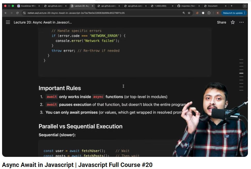 AmanRoy29629082's tweet image. Day-35 ✅ Async/Await ⚡
📘 CoderArmy
✨ async returns a Promise
✨ await waits for Promise result
✨ Cleaner than .then()
✨ Use try/catch for errors
📝 Notes →notion.so/Async-Await-in…
🙌 By @rohit_negi9
#JS #AsyncAwait
