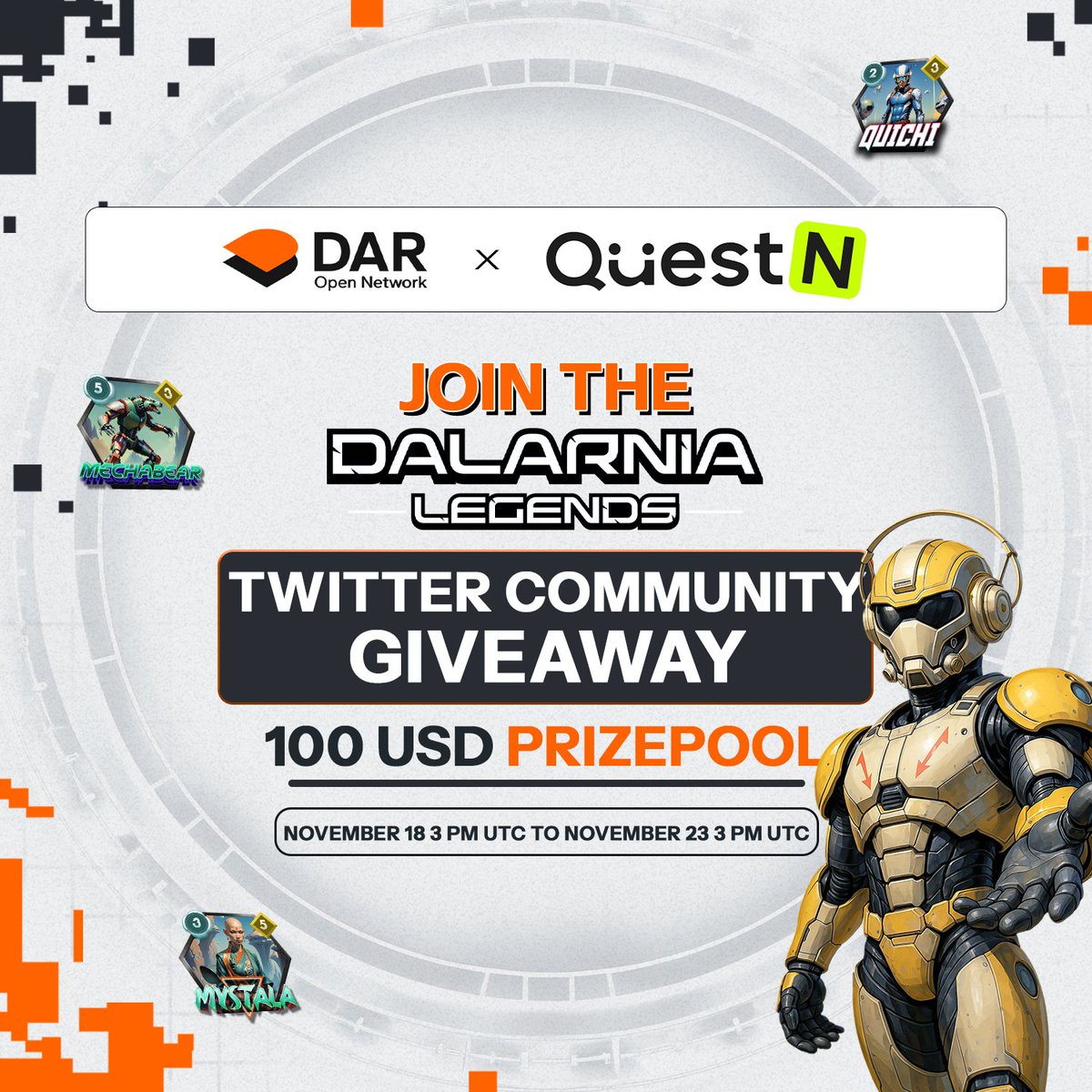 DarOpenNetwork's tweet image. A $100 USD Prize Pool is up for grabs!

Grow with the #DalarniaLegends community and get rewarded for your support in our latest QuestN Giveaway!

Participate, engage, and win this November 18-23! 
Details here: app.questn.com/quest/11009878…