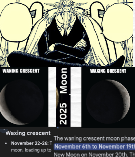 [#ONEPIECE1166]

Remember y'all nun is never truly random for oda.During this month of Nov we have the phases of the moon aka lunar cycle and two important crescent moon moments!

1. Waning Crescent that is visible in pre dawn sky, from around Nov 15-21 and after it reach 21