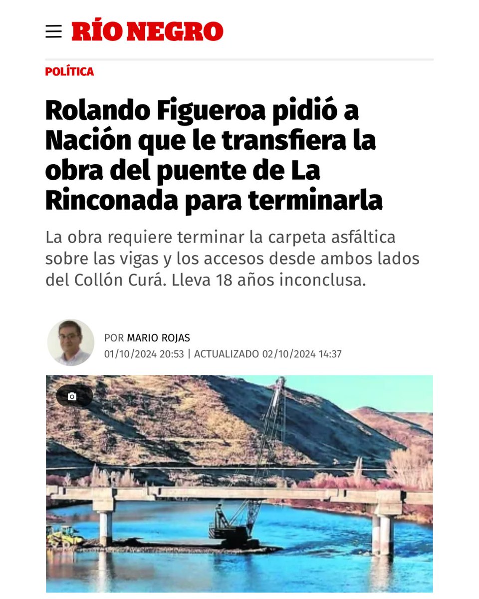 El puente de "La Rinconada" ya es una realidad.

Para cualquier argentino que viaja a nuestros hermosos lagos patagónicos y para nuestras escapadas neuquinas, transitar por el viejo puente donde sólo pasaba un auto, y tenías que esperar a que pase uno para que pueda el otro