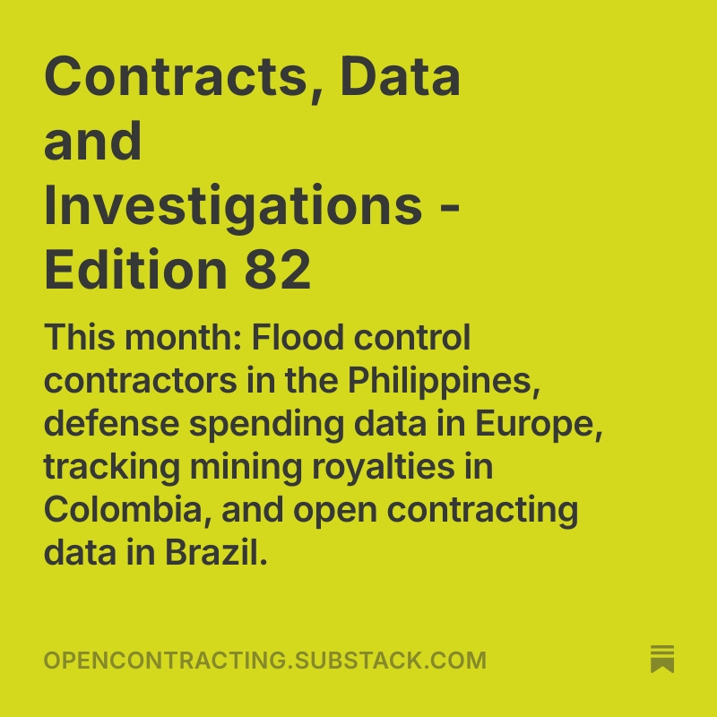 opencontracting's tweet photo. 🗞 Check out our latest Contracts, Data and Investigations! 

This month: Flood control contractors in the Philippines, defense spending data in Europe, tracking mining royalties in Colombia &amp; #opencontracting data in Brazil. https://t.co/WSHcmQvLQc https://t.co/PmZv2OjwKA