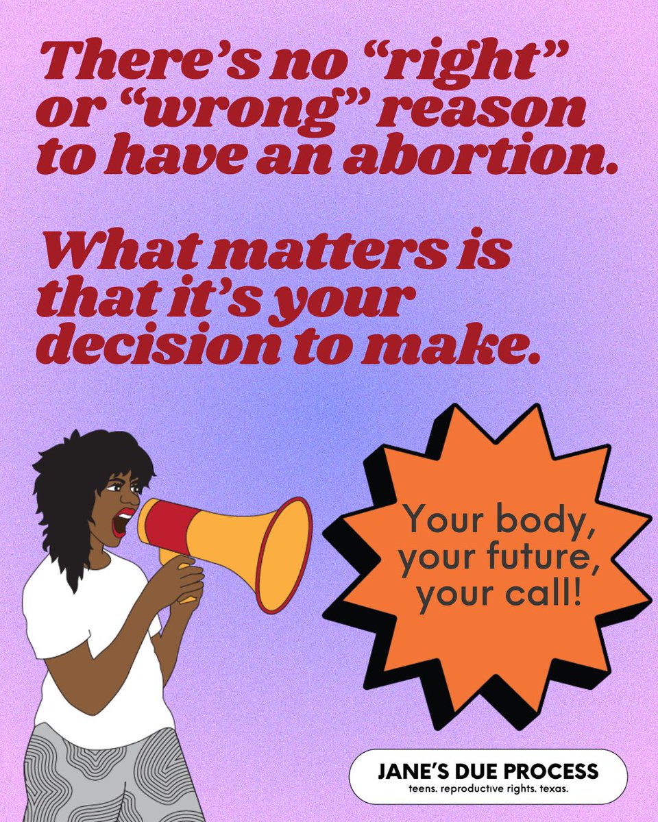 JanesDueProcess's tweet image. Deciding to end a pregnancy is an exercise of your right to bodily autonomy. Bodily autonomy = trusting people to make the choices that are best for them. No one should get to decide what’s best for you, especially strangers and politicians.  

#ReproRights #AbortionAccess #Texas…