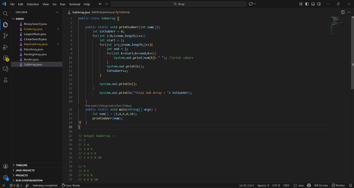 Brahmanand5046's tweet image. Day 4 of my DSA in Java journey 🚀
Covered Array Pairs + Subarrays today…
Slowly building the foundation strong 💪
Big shoutout to @ShradhaKhapra_ for making DSA so easy to understand 🙌
#DSA #JavaProgramming #CodeEveryday #ShradhaKhapra #ApnaCollege #LearnInPublic