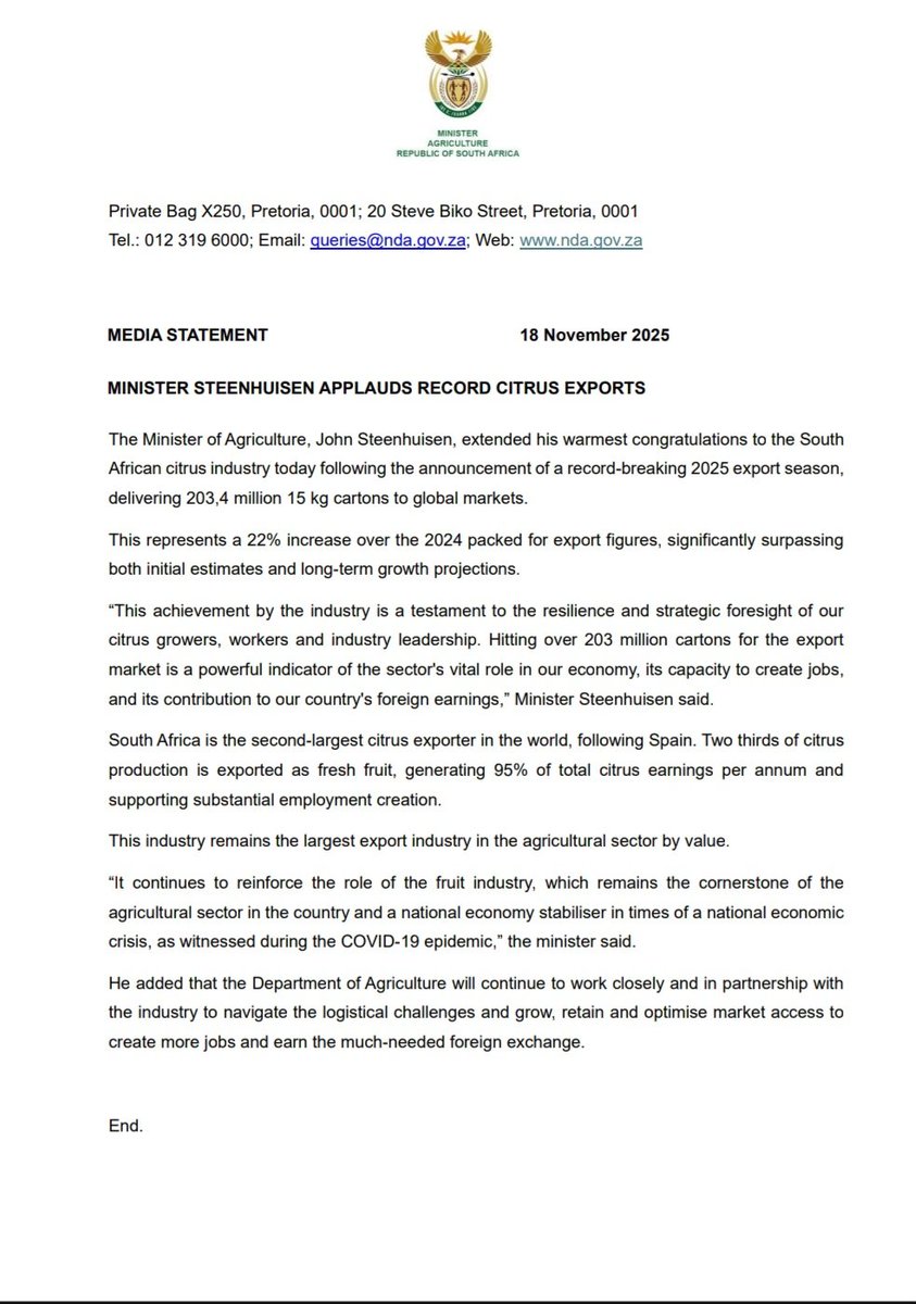 [Media Statement📃]
Minister John Steenhuisen, extended his warmest congratulations to the South African citrus industry today following the announcement of a record-breaking 2025 export season, delivering 203,4 million 15 kg cartons to global markets. 

#GovZAUpdates <a href="/GCISMedia/">GCIS Media Liaison</a>